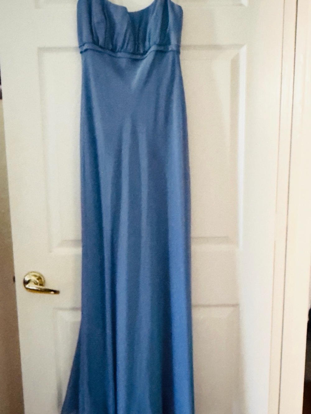 Strapless Long Satin Evening Gown in Dusty Blue